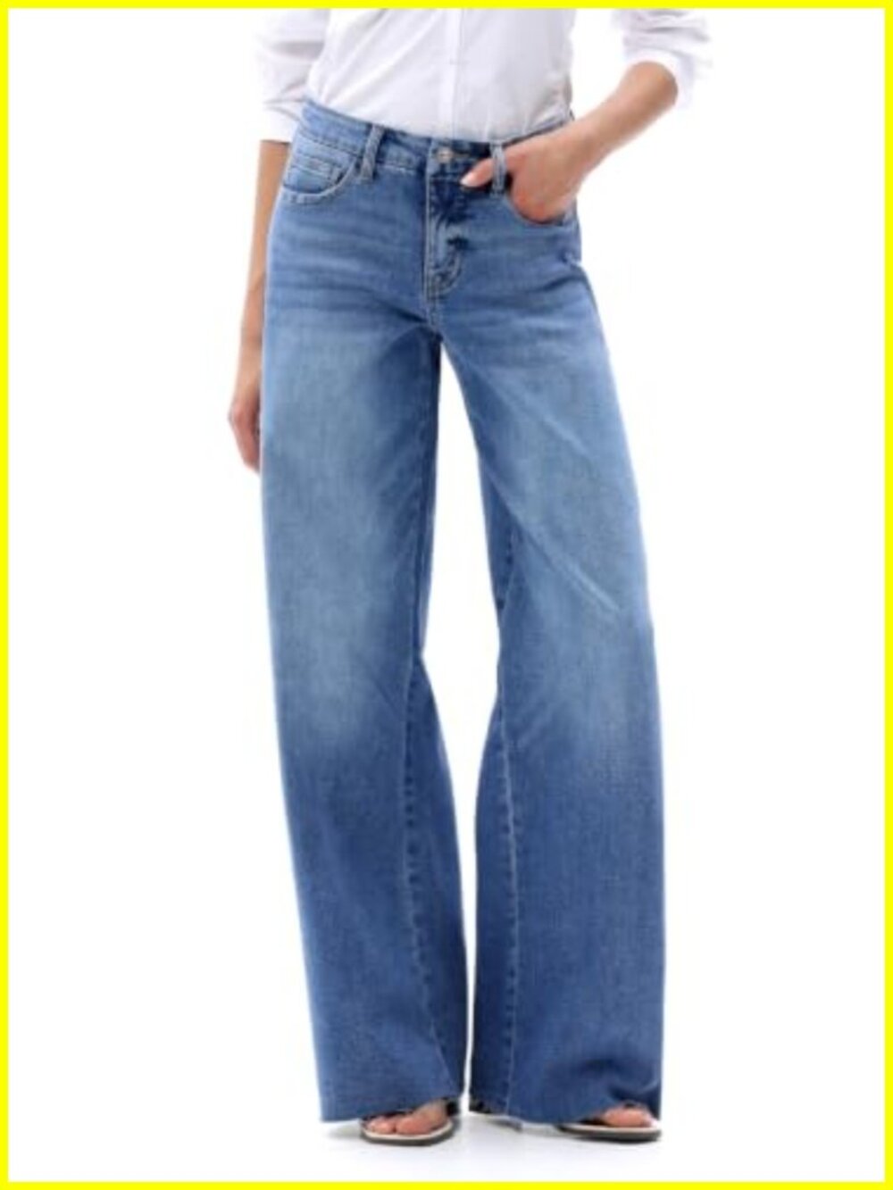 Wide Leg Jeans Mid Rise High Stretch Raw Hem Denim